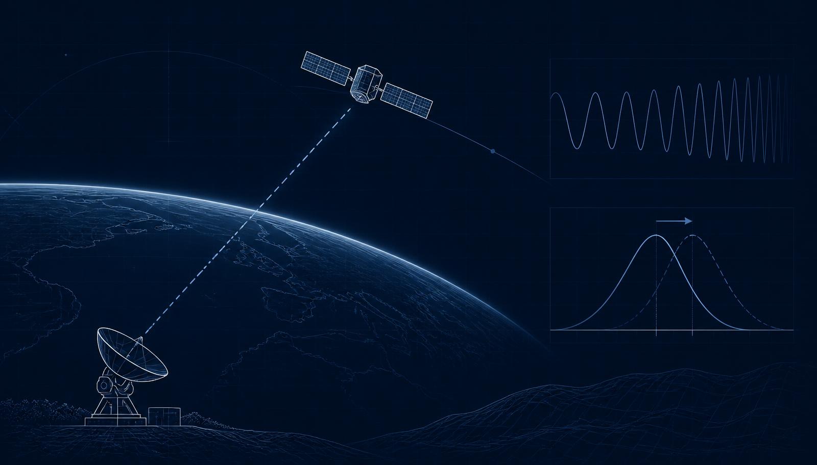Illustration of a satellite in very low earth orbit linking to a ground station, with a Doppler-shifted frequency spectrum